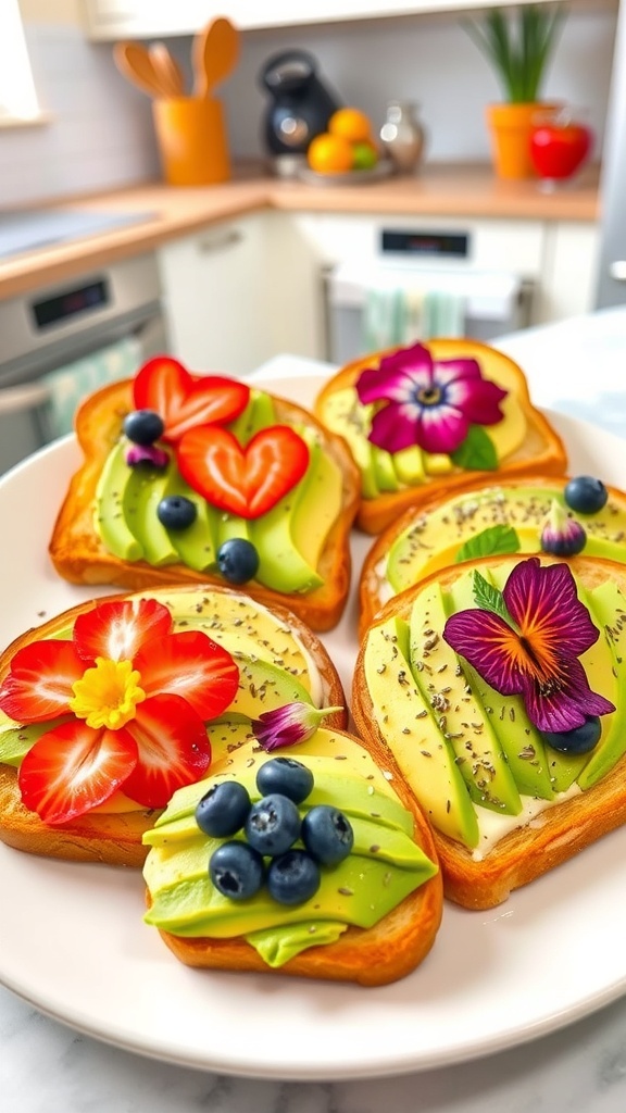 A plate of artistic toast topped with avocado, fruits, and edible flowers, showcasing creative breakfast designs.